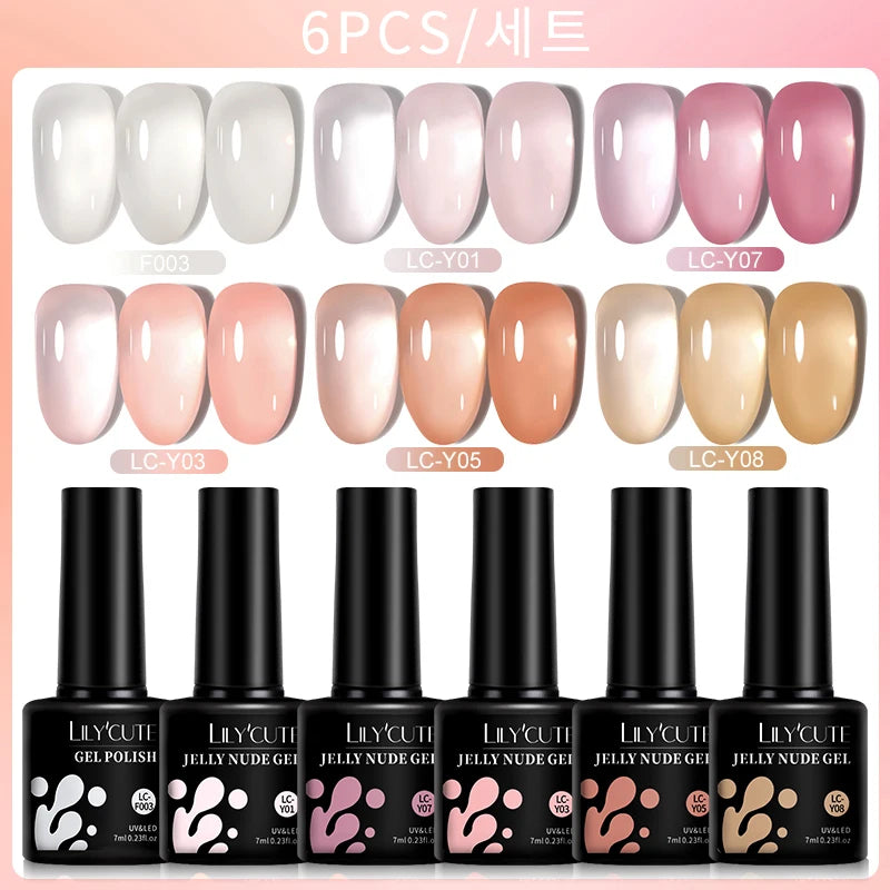 LILYCUTE 6PCS/SET 7ml Jelly Pink Nude Translucent Gel Nail Polish Set Semi Permanent Soak Off Nail Art Manicure Gel Set 6P...