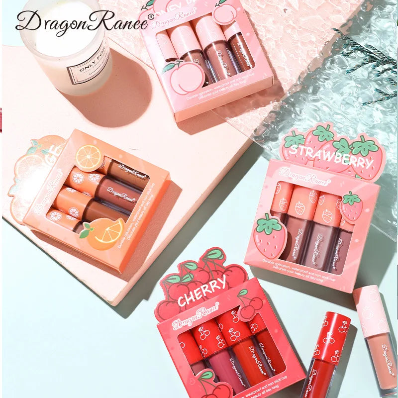 Mini Velvet Matte Lip Gloss Set, 4-Piece Non-Fading, Non-Stick Cup, Long-Lasting Fruit Scented Lip Tint, Smooth and Lightw...