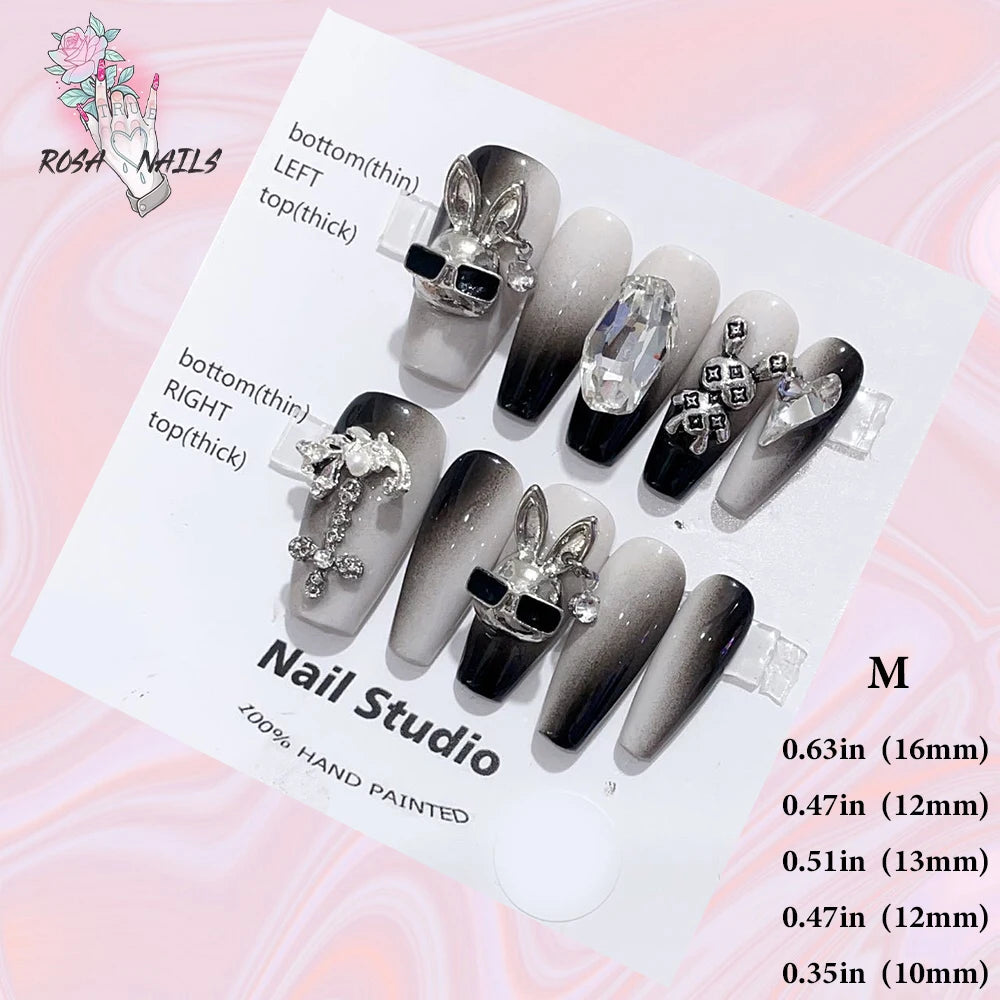 Silver Star Fake Nail Pressons Short Square Clear Rhinestones Punk Tip Saturn Stars False Tips Presson Y2k Black Press on Nails M (No.24341)