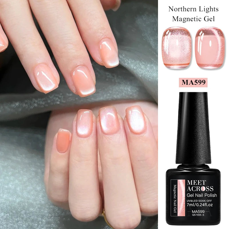 MEET ACROSS 7ml Porcelain White Cat Eye Gel Polish Holographic Glitter Magnetic Galactic Effect Gel Nail Polish Soak Off U...