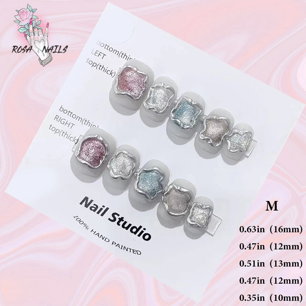 Silver Star Fake Nail Pressons Short Square Clear Rhinestones Punk Tip Saturn Stars False Tips Presson Y2k Black Press on Nails M (No.24285)