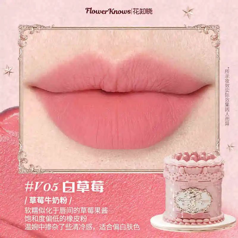 Flower Knows Strawberry Rococo Series Cloud Lip Cream Lip Gloss Long Lasting Velvet Lip Tint Lipstick for Women Cosmetic V05