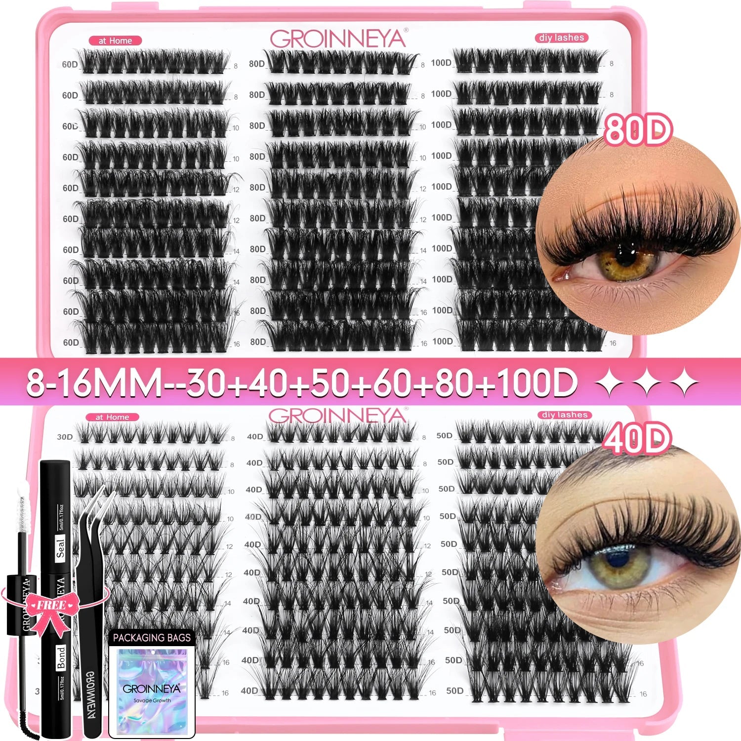 GROINNEYA DIY Lash Clusters Kit Mixed Tray Eyelash Extension Full Set Individual Lashes with Lash Bond&Seal and Tweezers Tool
