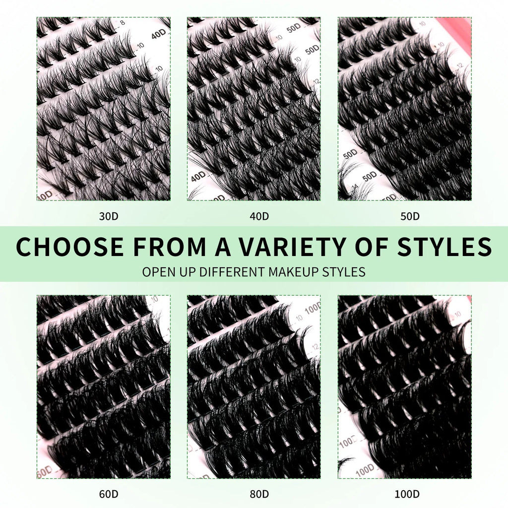 GROINNEYA DIY Lash Clusters Kit Mixed Tray Eyelash Extension Full Set Individual Lashes with Lash Bond&Seal and Tweezers Tool