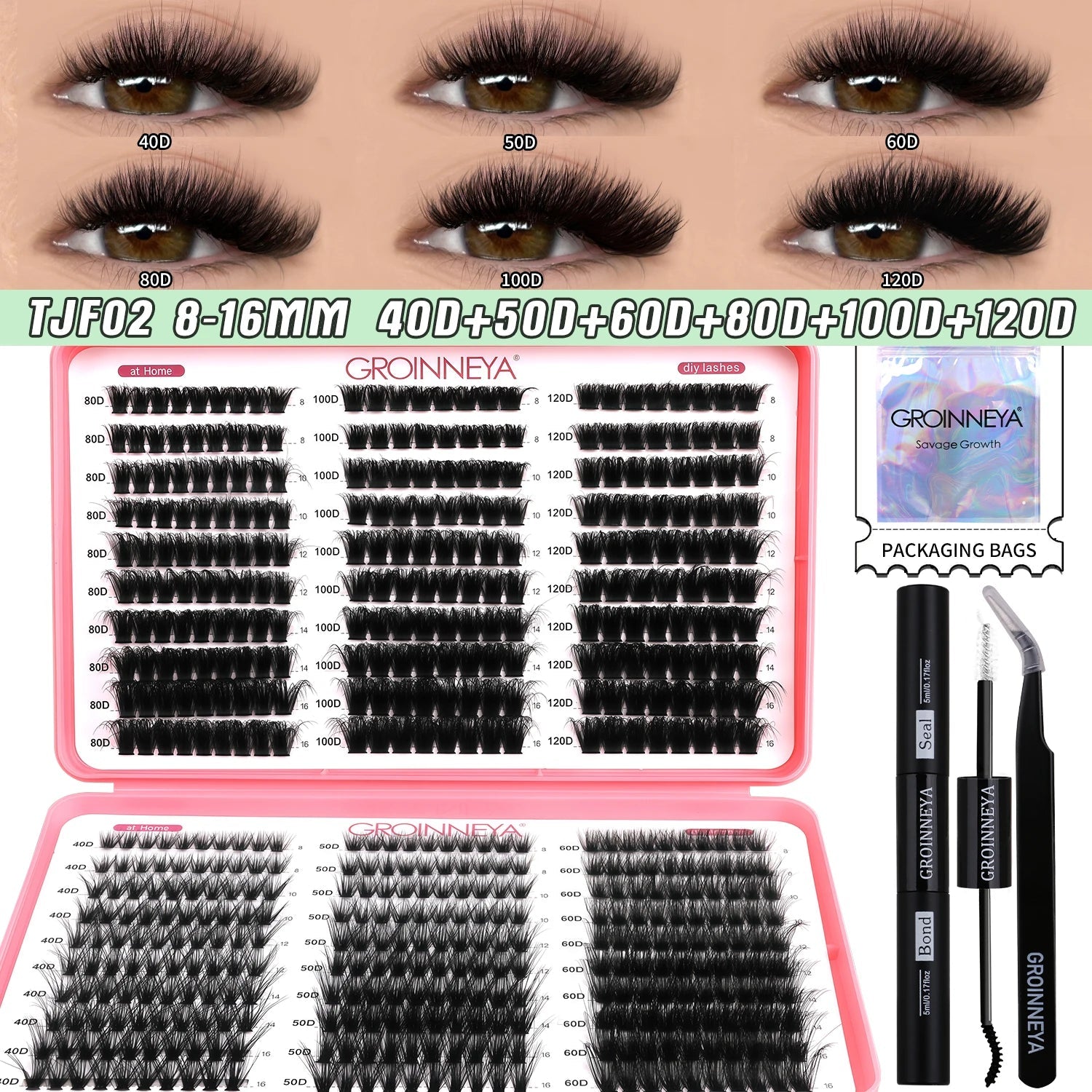 GROINNEYA DIY Lash Clusters Kit Mixed Tray Eyelash Extension Full Set Individual Lashes with Lash Bond&Seal and Tweezers Tool TJF02-Kit CHINA